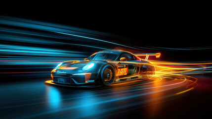 Obraz premium sleek racing car speeds through vibrant, neon lit environment, showcasing dynamic motion with colorful light trails. scene captures thrill of speed and modern automotive design