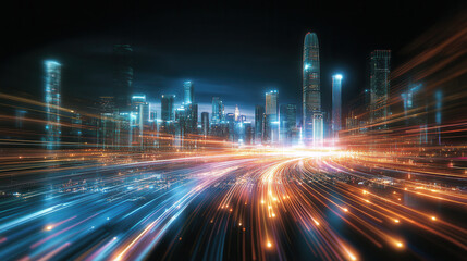 Fototapeta premium vibrant cityscape illuminated by neon lights showcases dynamic motion with streaks of light representing speed and energy. skyline features modern skyscrapers against dark night sky, creating