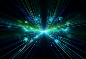 Abstract background of glowing teal and green lines radiating outwards from a central point.