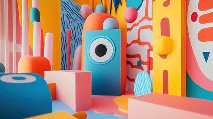 An abstract world of playful shapes and bright colors that create a dreamlike and cheerful atmosphere. 