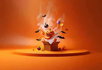 A cardboard box sits on a pedestal against an orange background, billowing smoke and spewing out Halloween themed objects.