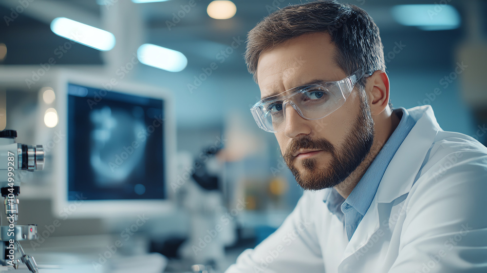 Poster focused research a scientist in a lab environment analyzing data and conducting experiments for scie