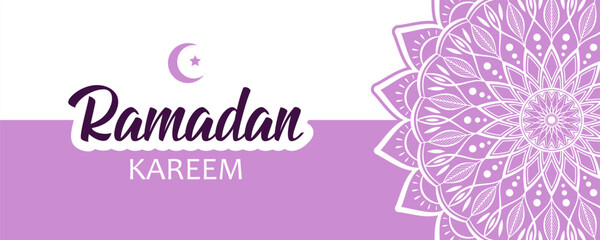 Text Ramadan Kareem, crescent with star and abstract floral mandala decoration. Elegant festive design for greeting card, banner or poster for Ramadan.