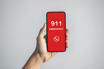 Businessman got 911 emergency call.emergency accident hot line 911 concept.