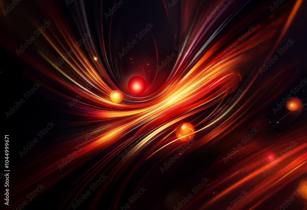 Poster curved abstract lines in shades of red and yellow with glowing orbs in the center.