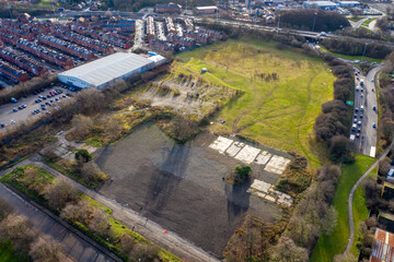 Aerial drone photo of the town of Hunslet in Leeds West Yorkshire in the UK, showing the former...