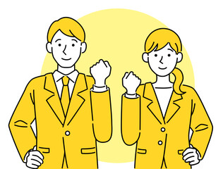 スーツ姿でガッツポーズをする男女・ビジネスマン・シンプルでポップなベクターイラスト