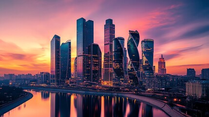 Fototapeta premium Aerial view of a city skyline at dusk with vibrant pink and orange sky.