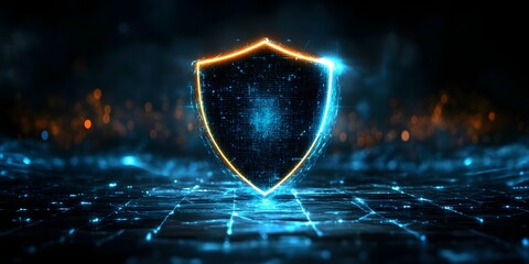 A glowing shield icon standing as a symbol of cybersecurity resilience in the middle of a dark digital landscape.