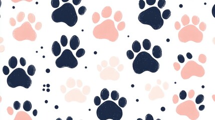Seamless Pattern of Cute Paws in Navy Blue and Blush Pink on White Background