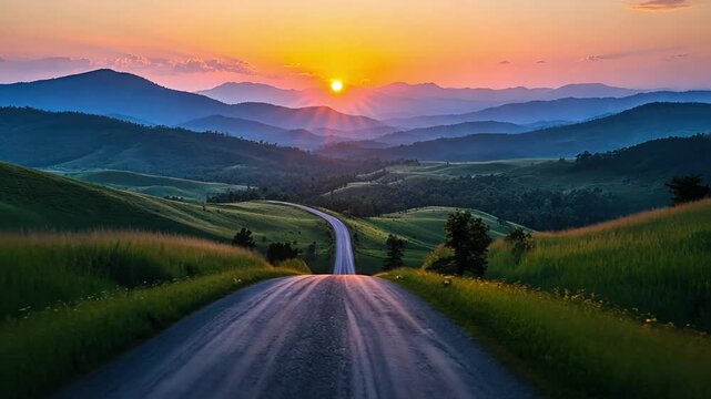 An open road leading into the distance, flanked by rolling green hills and mountains, with the sky ablaze in the colors of sunset