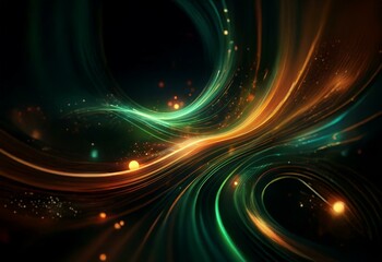 Obraz premium Abstract swirl of glowing lines and particles in shades of green, orange, and gold on a black background.