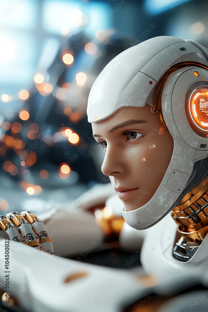 Poster futuristic cybernetic being a glimpse into advanced robotics and human interaction in technology
