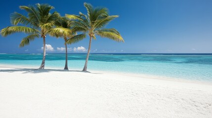 Obraz premium A serene beach scene featuring palm trees, soft white sand, and clear turquoise waters under a bright blue sky.