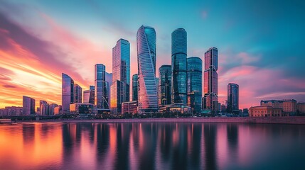 Fototapeta premium A city skyline at dusk with vibrant pink and orange sky.