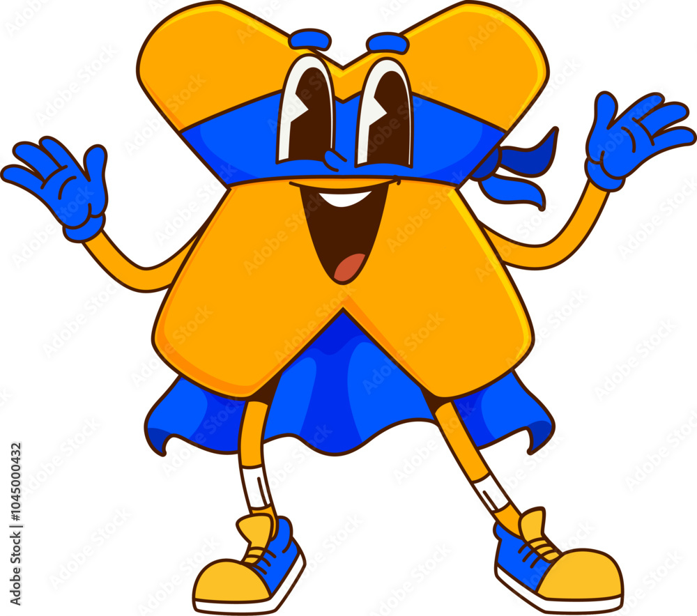 Poster cartoon groovy math multiplication sign superhero character. isolated vector mathematics arithmetic 