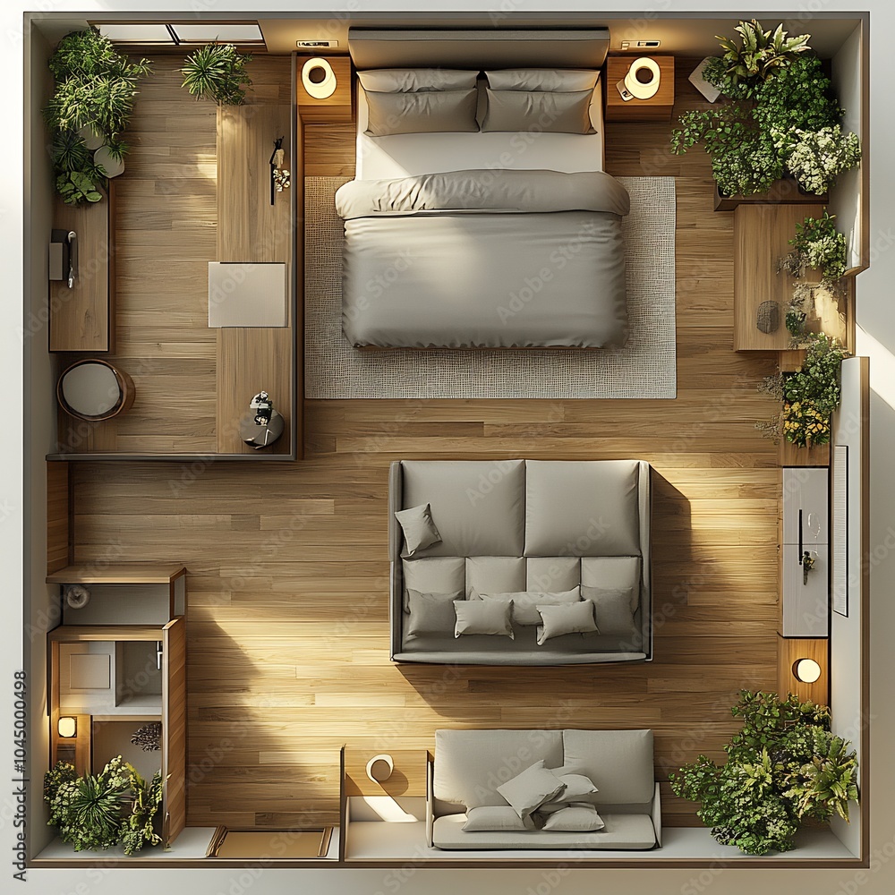 Poster top view 3d render of sleek minimalist bedroom with a lowprofile platform bed and minimal decor arra