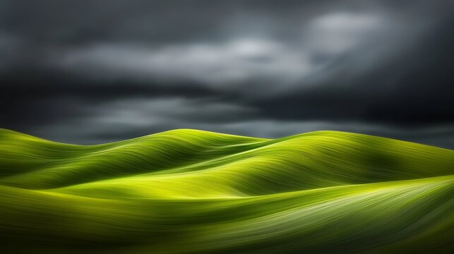 A dramatic close-up of rolling green hills under stormy clouds