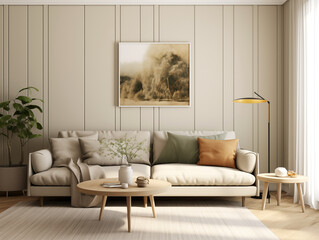 Living room interior in modern minimalist style with wooden panneling. Neutral and light colors interior with wood wall panels, bronze metallic accent decor and large artwork. Wood panneling walls. 