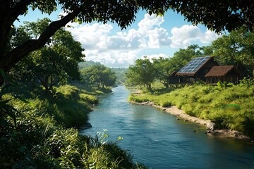 Fototapeta premium Serene River Landscape with Eco-Friendly House Surrounded by Lush Greenery and Blue Sky