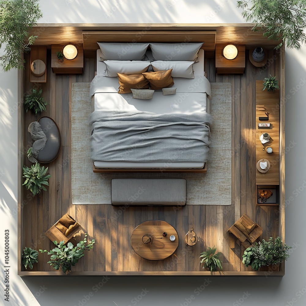 Aufkleber top view 3d render of sleek minimalist bedroom with a lowprofile platform bed and minimal decor arra