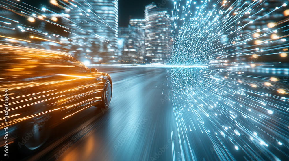 Aufkleber fast moving car in neon lit cityscape, creating dynamic sense of speed and motion with light trails.
