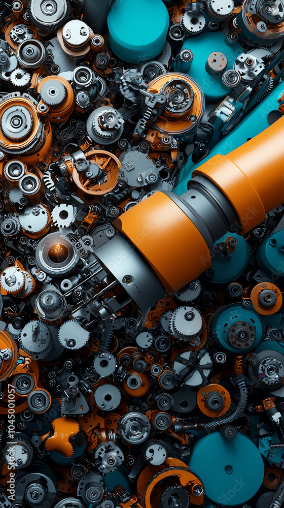 Poster intricate assembly of mechanical components in a vibrant robotic environment
