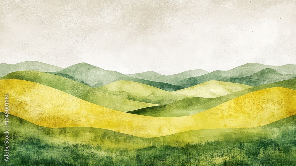 Poster Vibrant hills in green and yellow tones blend into a grunge background for dynamic wallpaper