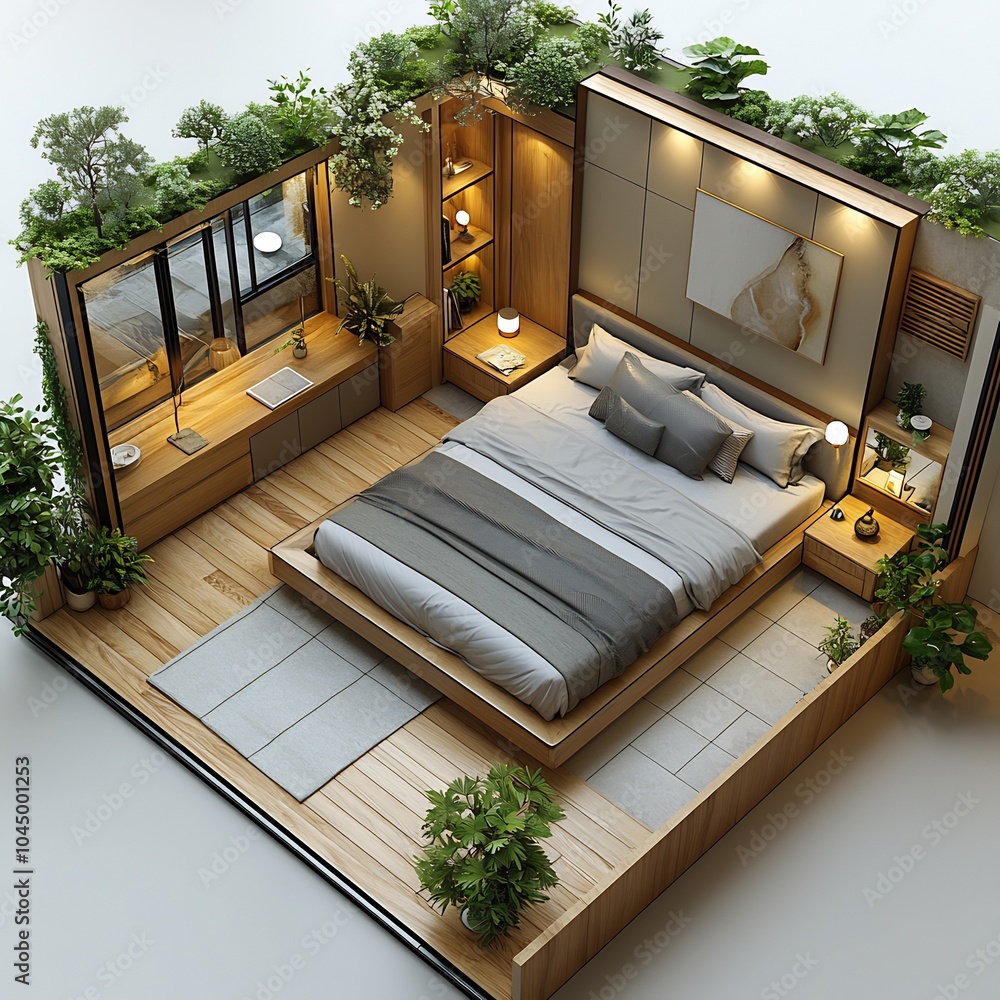 Aufkleber top view 3d render of sleek minimalist bedroom with a lowprofile platform bed and minimal decor arra