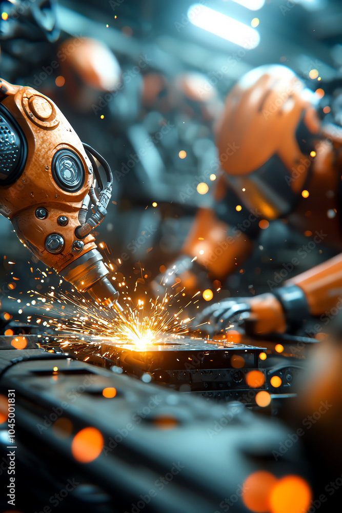 Poster robotic precision in industrial automation a glimpse into the future of manufacturing with sparks of