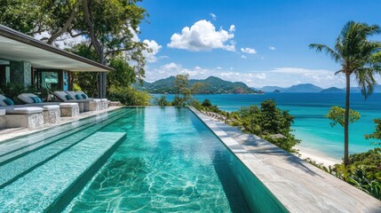 Fototapeta premium Infinity pool overlooking a tropical beach, with crystal-clear water, symbolizing indulgence and the epitome of high-end relaxation