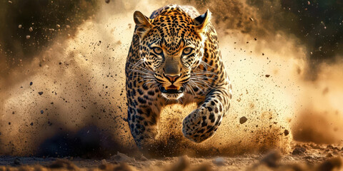 A leopard is running through the desert, kicking up a cloud of dust