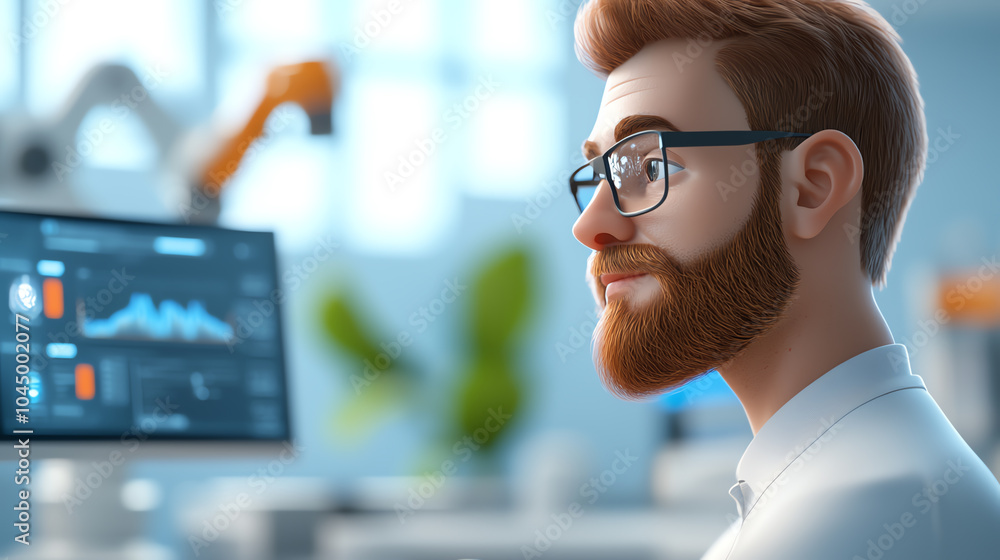 Poster innovative professional analyzing data in a modern workspace with advanced technology
