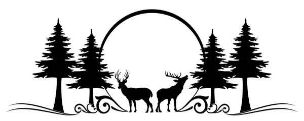 illustration of reindeer and christmas tree with moon