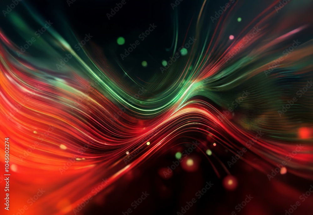 Poster red and green lines with blurry lights form wavy patterns against a dark background.