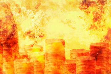 Burning money coins. Economic and financial crash crisis concept