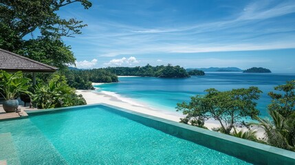 Fototapeta premium Infinity pool with a view of a white sand beach and turquoise ocean, symbolizing indulgence and luxury in a tropical paradise