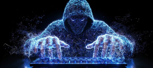 A digital figure in a hoodie interacts with a glowing keyboard, surrounded by sparks, representing themes of hacking and cyberspace.