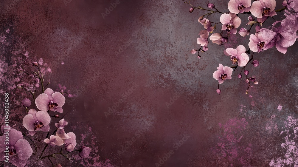 Poster Victorian orchids blending into a dark maroon wallpaper for an antique interior design