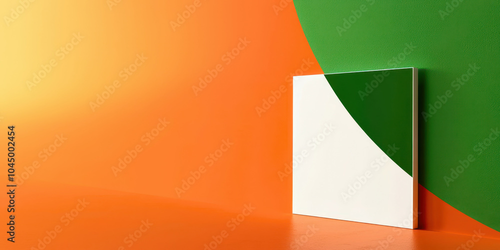 Poster a white and green square is placed in front of a wall with an orange background