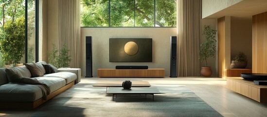 Modern living room with large windows, a TV, and a couch, with wooden floors and a rug.