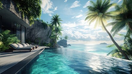 Fototapeta premium Infinity pool with stunning views of a tropical beach and palm trees, representing luxury and high-end relaxation