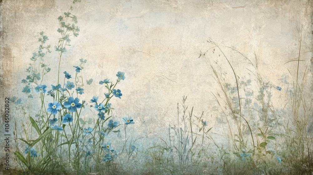 Sticker Pale blue forget-me-nots blending into a parchment-textured wallpaper for vintage interiors