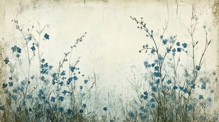 Forget-me-nots blending into a distressed parchment-like wallpaper for a nostalgic design