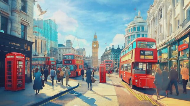 A bustling London street scene. Red double-decker buses, phone booths, and many people are walking. Big Ben is visible.