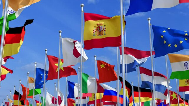 National flags of different countries in a rows on flagpoles. Flags fluttering in the wind. Various colorful flags of countries displayed in a row at an international event, flags, countries, national