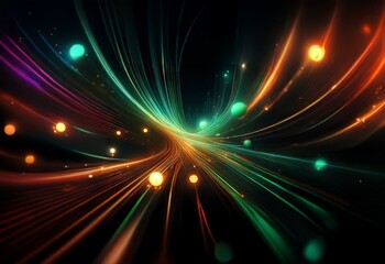 Abstract background featuring swirling lines of orange, green and purple light. The light streams create a sense of movement and depth.