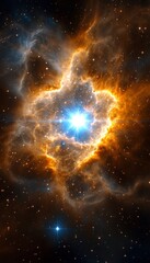 A celestial nebula with a bright star in the center, surrounded by wisps of gas and dust.