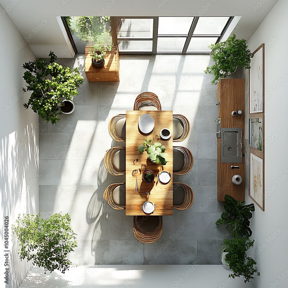 Poster top view 3d render of small dining room with a compact table and minimalist chairs detailed floor pl