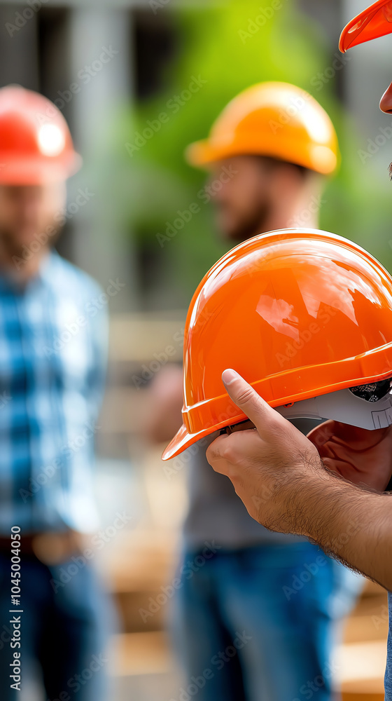 Poster construction workers collaborating on safety protocols with bright orange hard hats in a dynamic wor